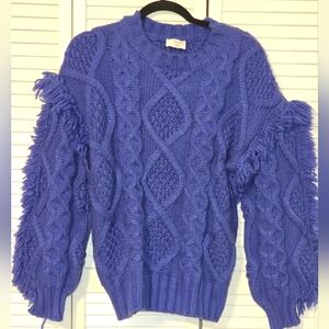 Fantastic Fawn Chunky Fringe Cable Knit Sweater | Royal Blue | Size Small NWOT